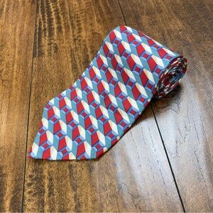 MORGAN HART Men’s Tie 100% Silk Made In USA Geometric Pattern Blue Red 90s/00s